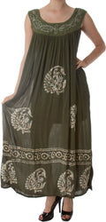 Batik Paisley Print Gauzy Tie-Dye Casual Sleeveless Umbrella Maxi Dress#color_OliveGreen