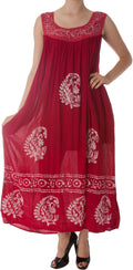 Batik Paisley Print Gauzy Tie-Dye Casual Sleeveless Umbrella Maxi Dress#color_Red