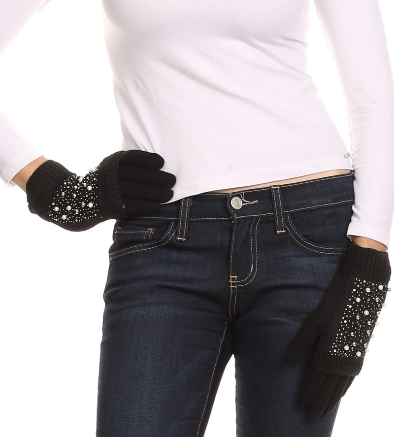 Sakkas Tam Rhinestone Pearl Touch Screen Tip Knitted Glove With Removable Sleeve