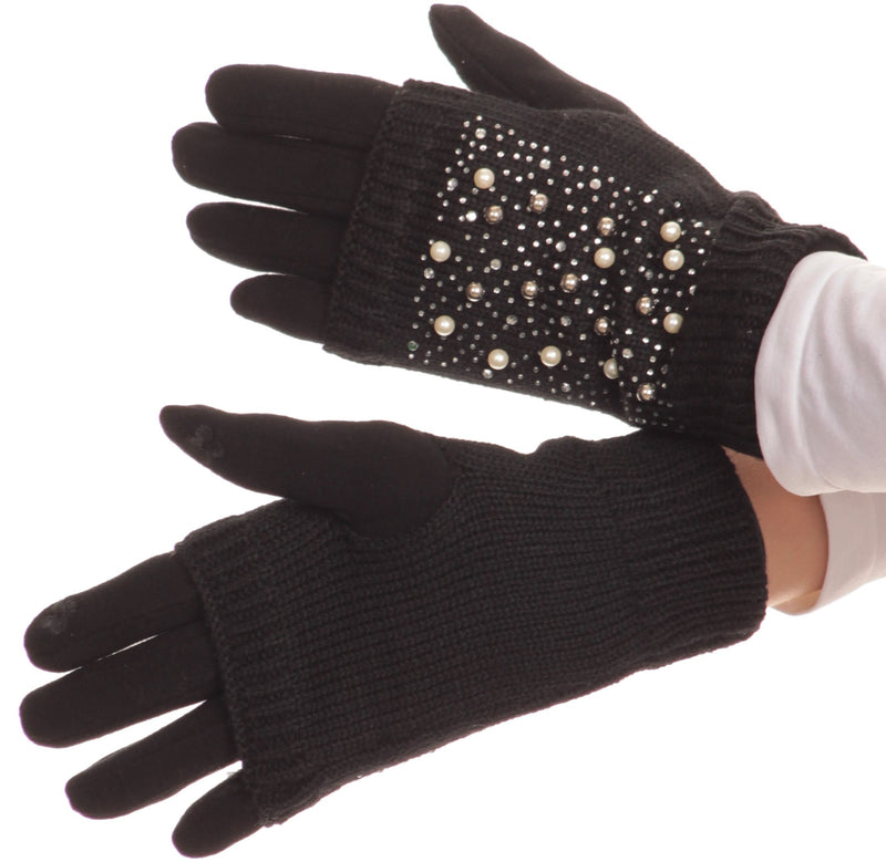 Sakkas Tam Rhinestone Pearl Touch Screen Tip Knitted Glove With Removable Sleeve