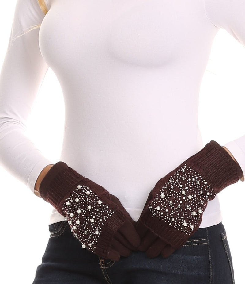 Sakkas Tam Rhinestone Pearl Touch Screen Tip Knitted Glove With Removable Sleeve