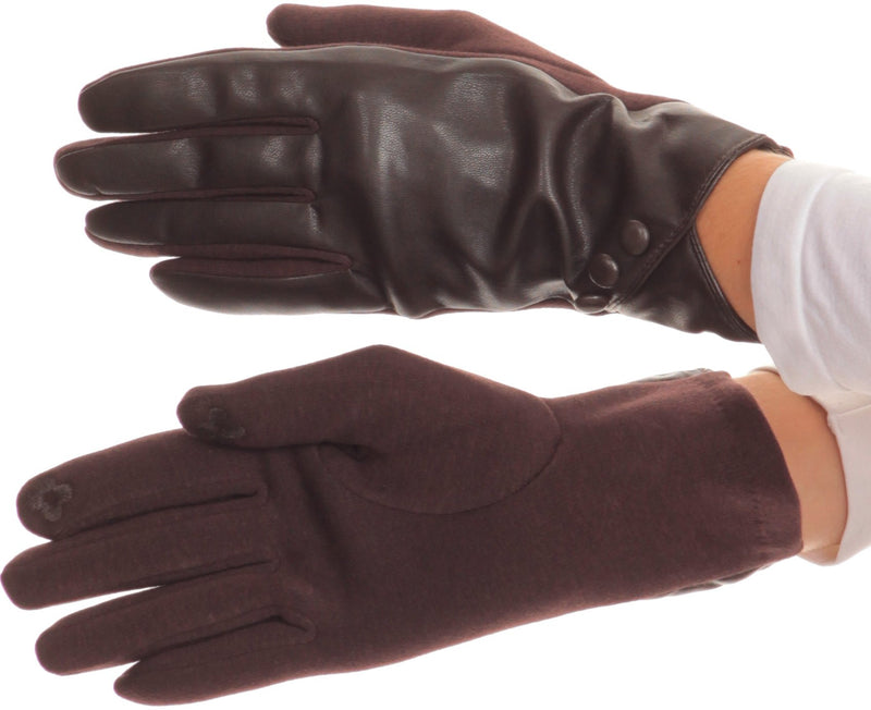 Sakkas Pamb Faux Leather Heather Knit Button Front Warm Winter Touch Screen Gloves