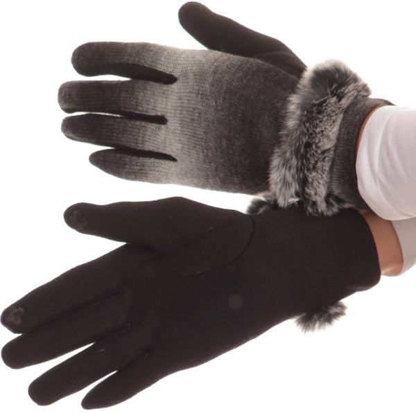 Sakkas Sophie Ombre Knitted Faux Fur Wrist Band Touch Screen Capable Gloves#color_Black/White