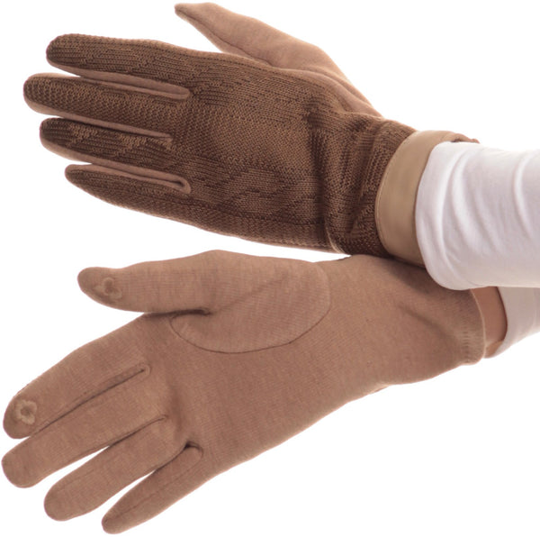 Sakkas Rayanne Soft Classic Knit Faux Leather Wrist Band Touch Screen Warm Gloves#color_Beige