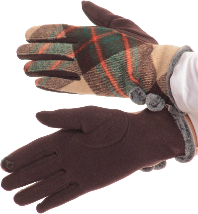 Sakkas Valy Classic Winter Checker Patterned Faux Fur Pom Pom Touch Screen Gloves