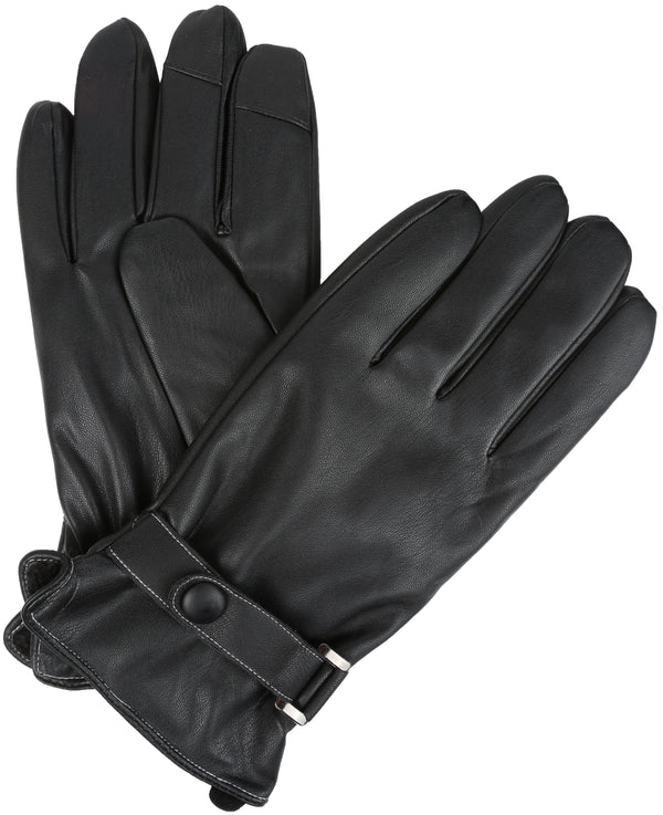 Sakkas Kaleem Adjustable Snap Touch Screen Compatible Driving Faux Leather Gloves#color_Black