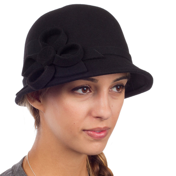 Womens Bernadette Vintage Style 100% Wool Cloche Bucket Winter Hat with Flower Accent#color_Black