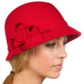 Womens Bernadette Vintage Style 100% Wool Cloche Bucket Winter Hat with Flower Accent#color_red