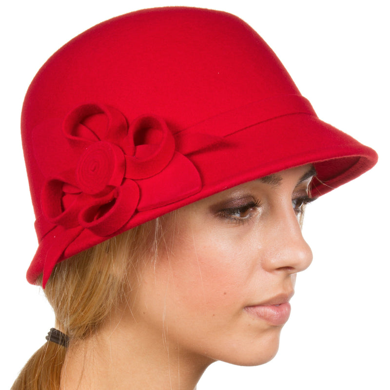 Womens Bernadette Vintage Style 100% Wool Cloche Bucket Winter Hat with Flower Accent