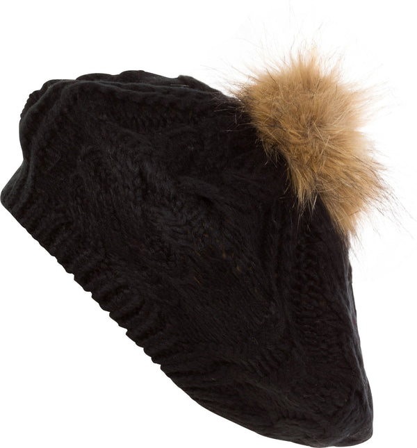 Sakkas Knit Faux Fur Pom Slouch Beret#color_Black