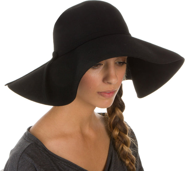 Sakkas Womens 100% Wool Wide Brim Foldable Floppy Hat#color_Black