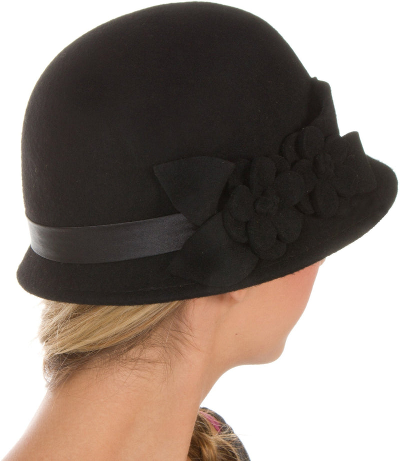 Sakkas Vivian Vintage Style 100% Wool Cloche Bell Hat with Flower Accent