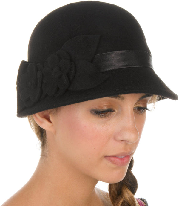 Sakkas Vivian Vintage Style 100% Wool Cloche Bell Hat with Flower Accent#color_Black
