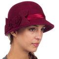 Sakkas Vivian Vintage Style 100% Wool Cloche Bell Hat with Flower Accent#color_Burgundy