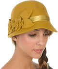 Sakkas Vivian Vintage Style 100% Wool Cloche Bell Hat with Flower Accent#color_Mustard