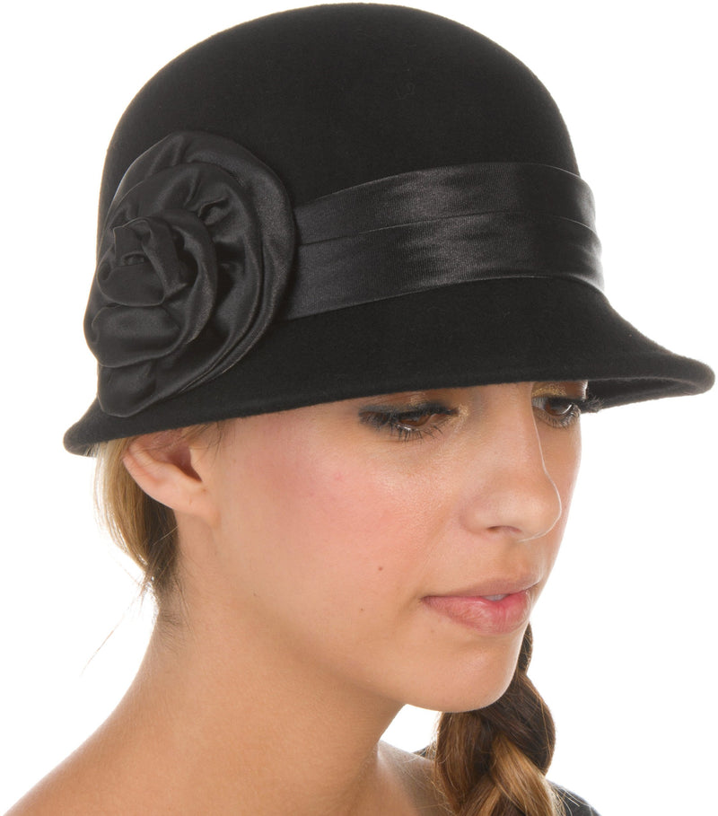 Sakkas Womens Vintage Style 100% Wool Cloche Bucket Bell Winter Hat with Flower
