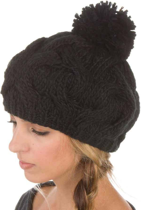 Sakkas Cable Knit Pom Pom Thick Slouch Hat#color_Black