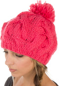 Sakkas Cable Knit Pom Pom Thick Slouch Hat#color_Coral