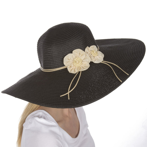 Sakkas Bella UPF 50+ 100% Paper Straw Flower Accent Wide Brim Floppy Hat#color_Black