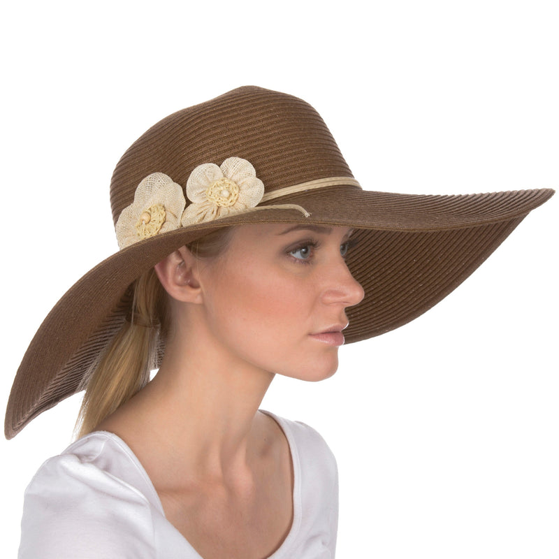 Sakkas Bella UPF 50+ 100% Paper Straw Flower Accent Wide Brim Floppy Hat