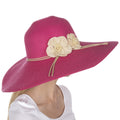 Sakkas Bella UPF 50+ 100% Paper Straw Flower Accent Wide Brim Floppy Hat#color_HotPink