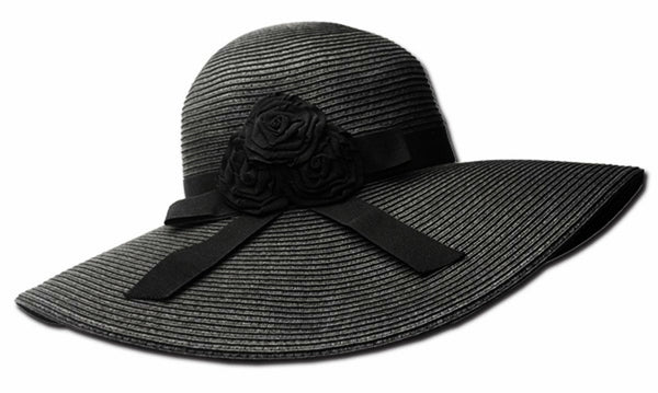 Sakkas Womens UPF 50+ 100% Paper Straw Ribbon Flower Accent Wide Brim Floppy Hat#color_Black