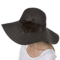 Sakkas Daisy UPF 50+ 100% Paper Straw Flower Accent Wide Brim Floppy Hat#color_Black