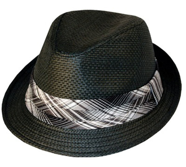 Mens Structured 100% Paper Straw Matching Plaid Band Fedora Hat#color_Black