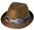 Mens Structured 100% Paper Straw Matching Plaid Band Fedora Hat#color_Brown