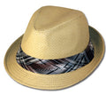 Mens Structured 100% Paper Straw Matching Plaid Band Fedora Hat#color_Natural