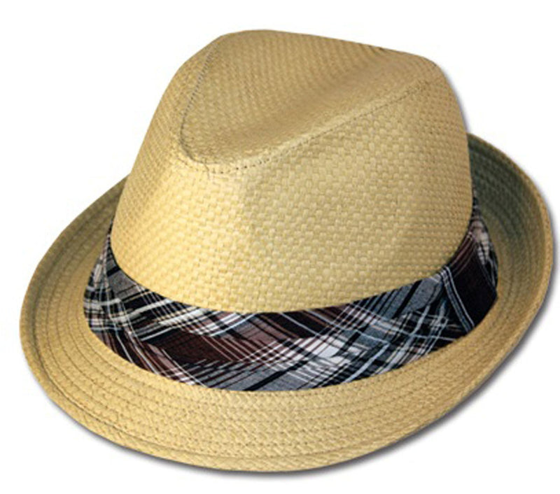 Mens Structured 100% Paper Straw Matching Plaid Band Fedora Hat