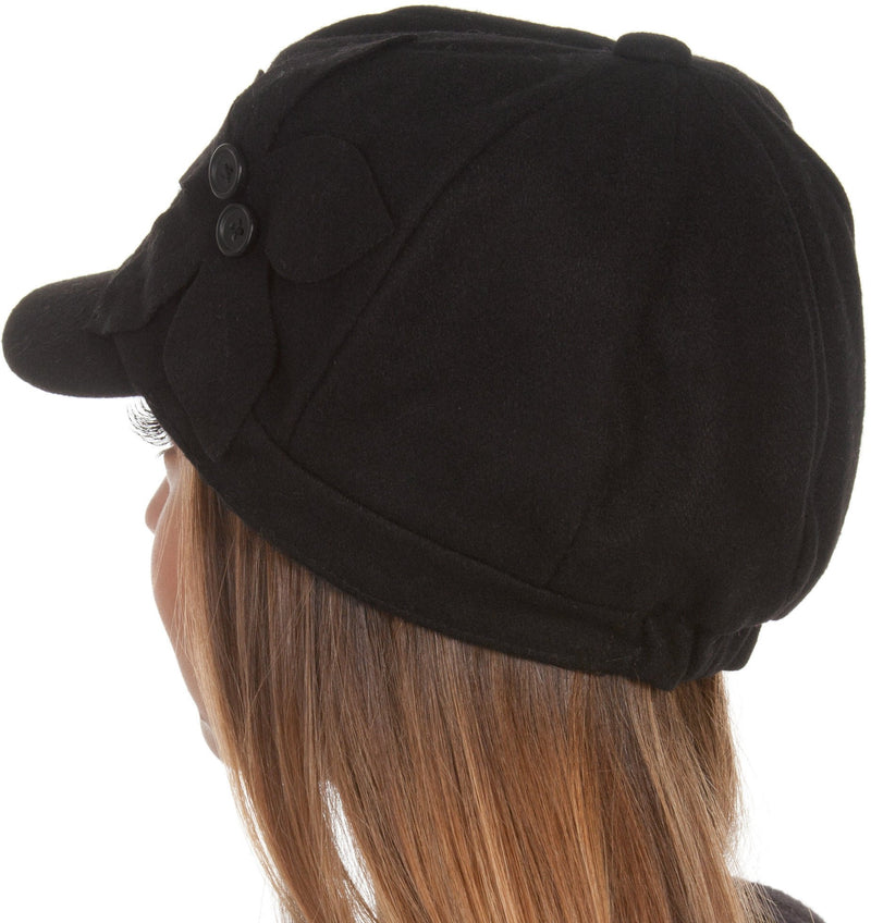 Sakkas Sasha Wool Newsboy Cabbie Hat with Button Flower