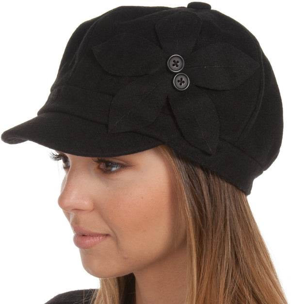 Sakkas Sasha Wool Newsboy Cabbie Hat with Button Flower#color_Black