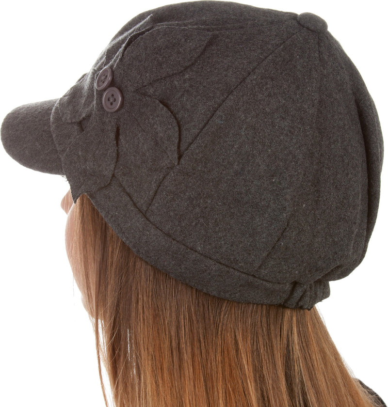 Sakkas Sasha Wool Newsboy Cabbie Hat with Button Flower