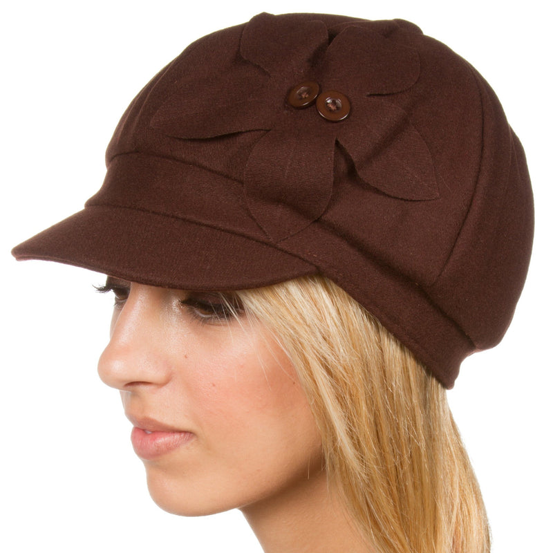 Sakkas Sasha Wool Newsboy Cabbie Hat with Button Flower