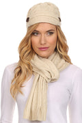 Sakkas Womens 2-piece Cable Knitted Visor Beanie Scarf and Hat Set with Button#color_Beige
