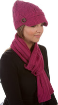Sakkas Womens 2-piece Cable Knitted Visor Beanie Scarf and Hat Set with Button#color_Berry