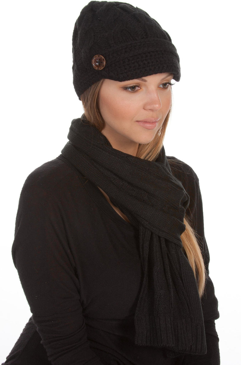 Sakkas Womens 2-piece Cable Knitted Visor Beanie Scarf and Hat Set with Button