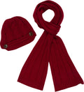 Sakkas Womens 2-piece Cable Knitted Visor Beanie Scarf and Hat Set with Button#color_Burgundy