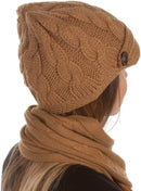 Sakkas Womens 2-piece Cable Knitted Visor Beanie Scarf and Hat Set with Button