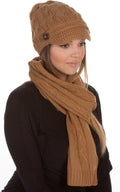 Sakkas Womens 2-piece Cable Knitted Visor Beanie Scarf and Hat Set with Button#color_camel