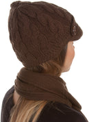 Sakkas Womens 2-piece Cable Knitted Visor Beanie Scarf and Hat Set with Button