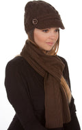Sakkas Womens 2-piece Cable Knitted Visor Beanie Scarf and Hat Set with Button#color_Chocolate