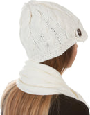 Sakkas Womens 2-piece Cable Knitted Visor Beanie Scarf and Hat Set with Button