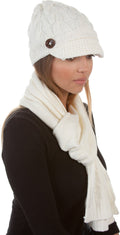 Sakkas Womens 2-piece Cable Knitted Visor Beanie Scarf and Hat Set with Button#color_Cream