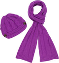 Sakkas Womens 2-piece Cable Knitted Visor Beanie Scarf and Hat Set with Button#color_Purple