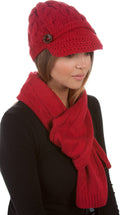 Sakkas Womens 2-piece Cable Knitted Visor Beanie Scarf and Hat Set with Button#color_Red