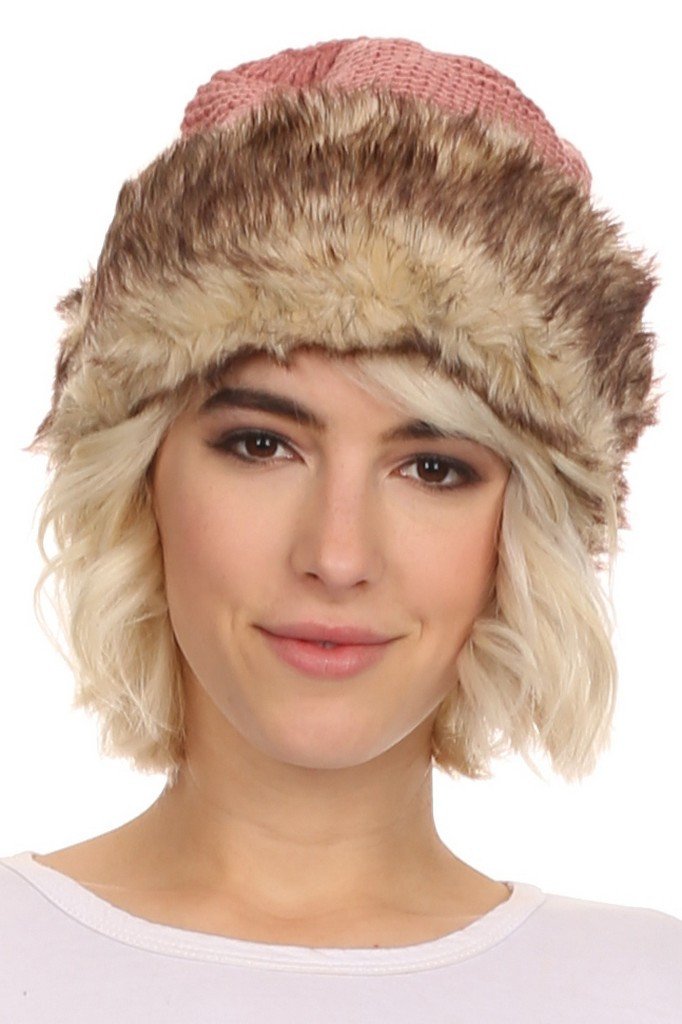 Sakkas Hansley Womens Insulated Faux Fur Brimmed Beanie Hat Cap In Classic Knit