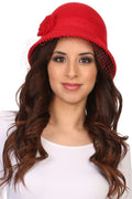 Sakkas Lola Vintage Style Wool Cloche Bucket Fish Net With Flower Brim Cap Hat#color_Red