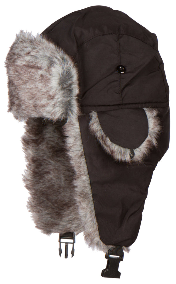 Sakkas Unisex Weatherproof Nylon Faux Fur Lined Winter Earflap Bomber Trooper Aviator Hat#color_Black